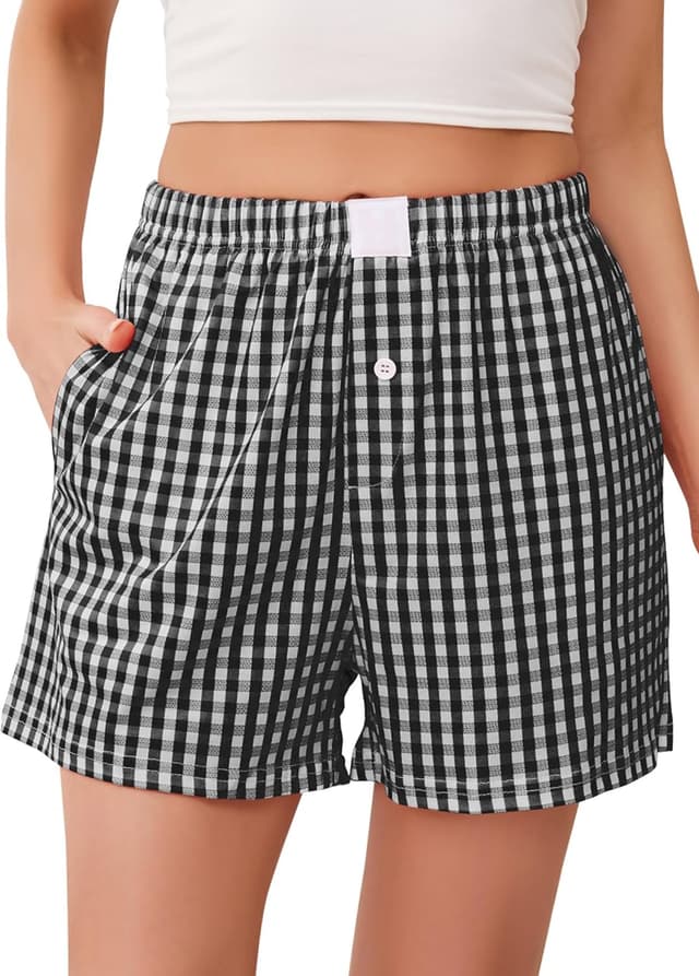 Detalle de Lovasy women’s elastic waisted plaid boxer shorts for pyjamas and lounge wear