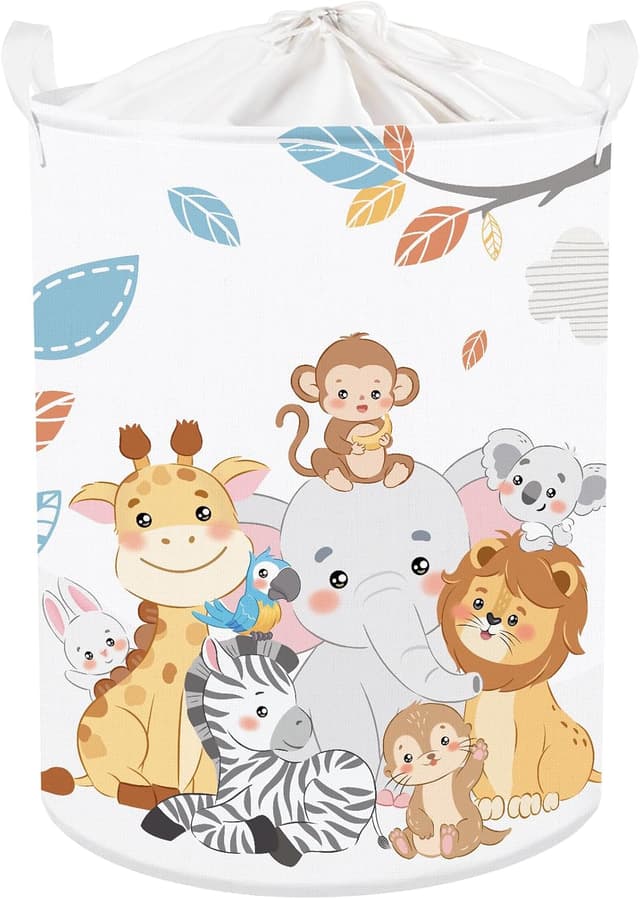 Detalle de Clastyle Tier Kinder Wäschekorb mit Henkel, faltbar – Löwe, Elefant, Koala & Sterne, 36x45 cm