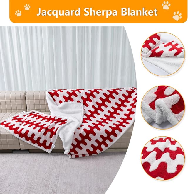 Detalle de Maidewow Waterproof Pet Blanket in Red Wave Jacquard & Sherpa Fleece (M)