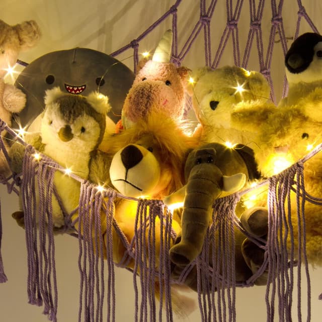 Detalle 2 de RelaxScene Stuffed Animal Hammock Corner with LED Light (Plushie Net Organizer) — Purple Nursery Storage