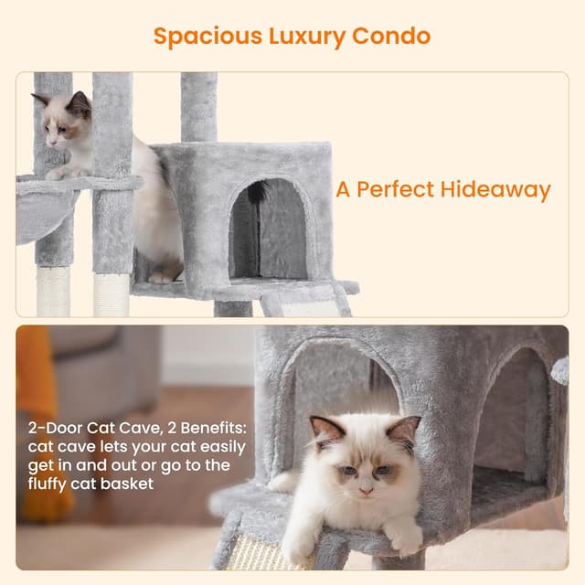 Detalle de Heybly 108cm Cat Tree with Self Groomer Brush and Kitty Condo (Light Gray HCT005SW)