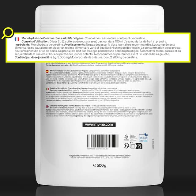 Thumbnail 5 de Natural Elements Créatine Monohydrate Poudre 500 g (166 portions) — 100% vegan, sans additifs