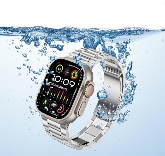 Detalle de Anlinser five-link stainless steel Apple Watch metal strap (49mm–42mm) in Silver