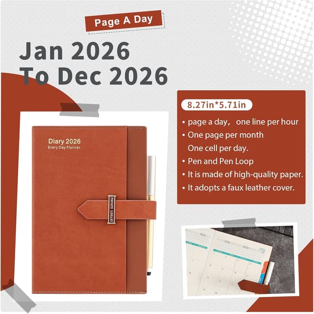 Detalle de Academic Diary 2026 A5 Day per Page (Jan 2026–Dec 2026) with Month View & Pen, Brown Hardcover