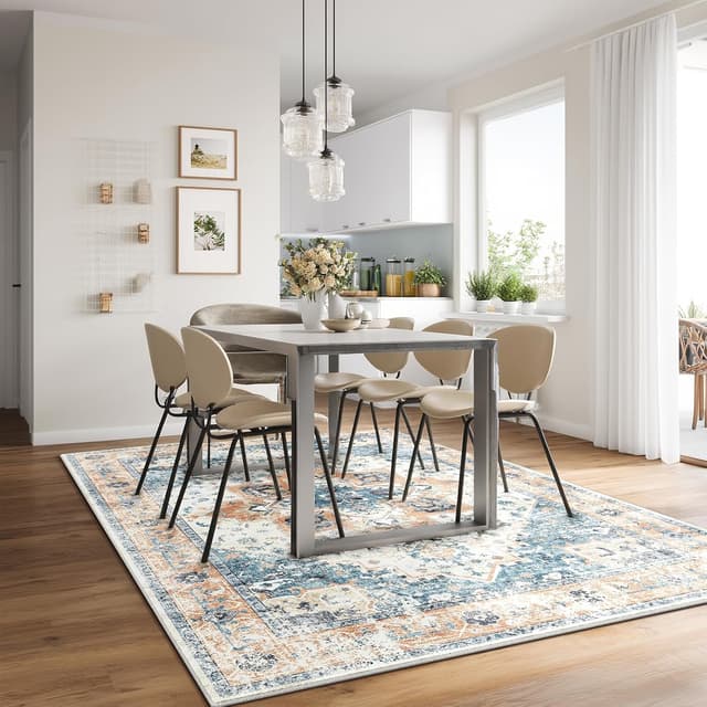 Detalle de XSIVOD Blue Area Rug 240 x 300 cm – washable non-slip vintage-style low pile for living room, bedroom & dining room