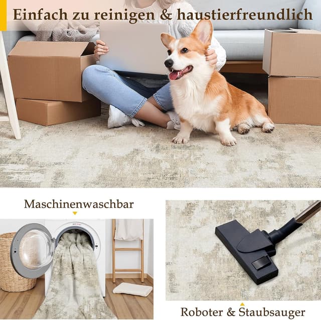 Detalle de PureCozy Beige abstrakter Kurzflor-Teppich für Wohnzimmer & mehr, 240x300 cm – waschbar, rutschhemmend