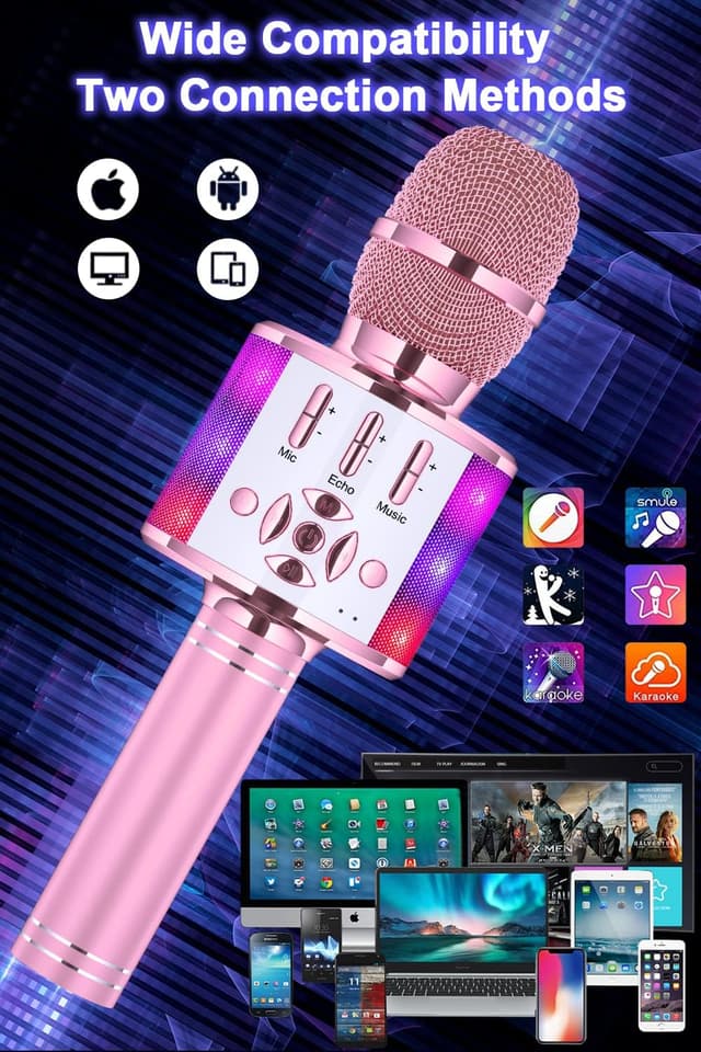 Detalle de BONAOK Magic Sing Karaoke-Mikrofon Bluetooth 4-in-1 (Hellrosa) – kabelloses Kinder- und Party-Karaoke