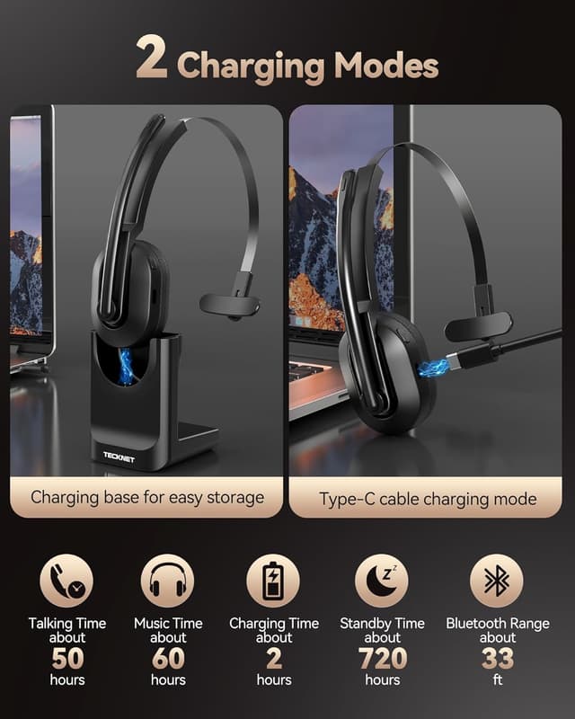 Detalle 2 de TECKNET V5.2 Bluetooth Headset 50+ Std. Akku
