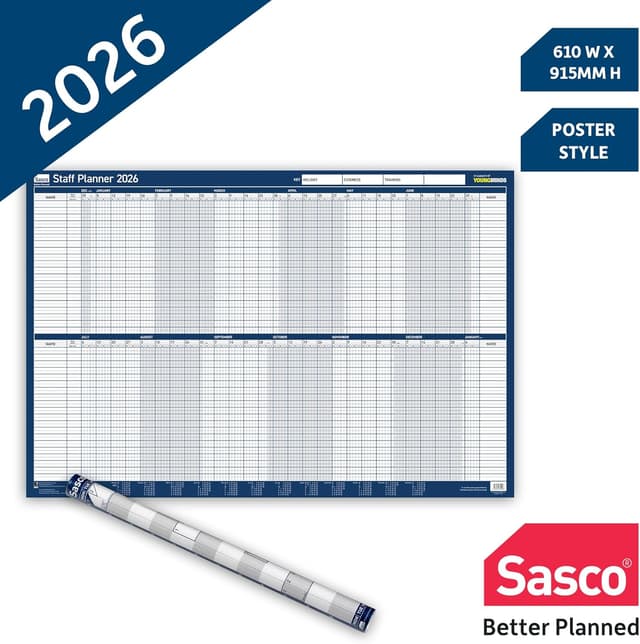 Detalle de Sasco 2026 Staff Year Wall Planner (Poster Style) with Wet Wipe Pen & Sticker Kit – Blue, 91.5x61cm