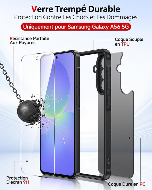 Detalle de LeYi Coque pour Samsung Galaxy A56 / A56 5G avec 2 verres trempés 9H, protection caméra et écran, TPU/PC finition mate anti-traces – Noir