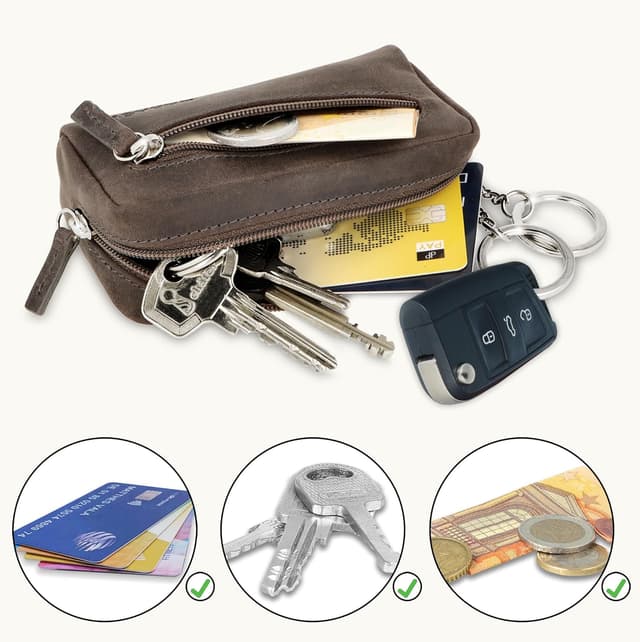 Detalle de Manage XXL Schlüsselmäppchen mit 2 separaten Reißverschlussfächern aus echtem Leder – kompaktes Schlüsseletui für Auto- und Schlüsselbund