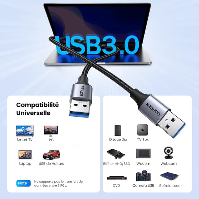 Detalle de UGREEN Câble USB 3.0 Type A (mâle vers mâle) nylon tressé 1 m