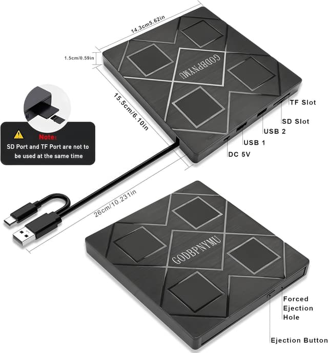 Detalle de 5-in-1 External CD/DVD Drive for Laptop (USB 3.0 & Type-C) with SD/TF Reader