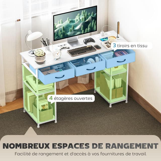 Detalle de HOMCOM Bureau d’ordinateur blanc 120 x 40 cm avec station de charge USB et 3 tiroirs en tissu