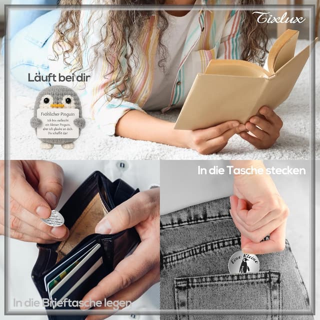 Detalle 2 de Tixlux Pocket Hug Fröhlicher Pinguin – handgenähte Strick-Dekofigur mit Pinguin-Token (Grau)