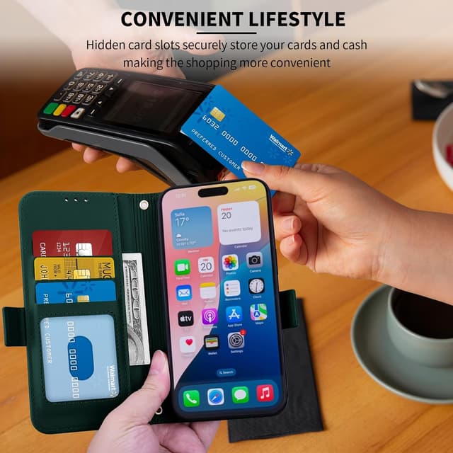 Thumbnail 6 de ONETHEFUL Handyhülle für iPhone 17 (6,3 Zoll) – Flip Wallet Case mit Standfunktion, RFID-Schutz und 3 Kartenfächern, grün