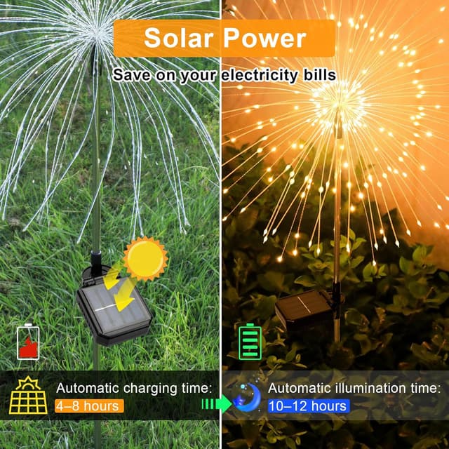 Detalle de Solar Lights Outdoor Garden Solar Firework Starburst Stake Lights (120 LEDs, 8 Modes) – 4 Packs, Warm White
