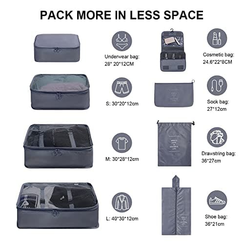 Detalle de OSDUE organizadores para maletas 8 en 1 (gris) con hebilla y neceser impermeable para viaje