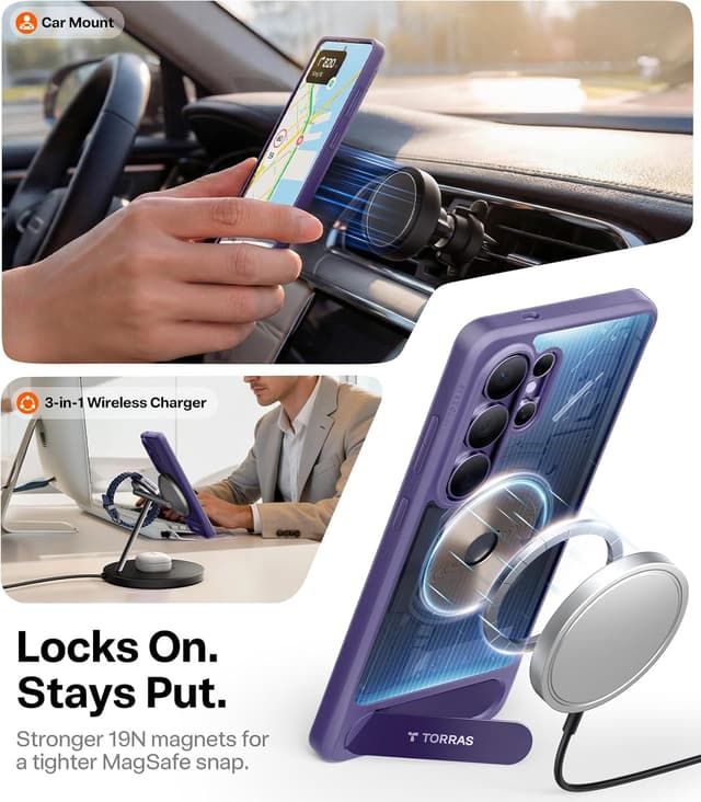 Detalle de TORRAS Ostand L1 MagSafe-compatible case with stand for Samsung Galaxy S26 Ultra in Deep Purple