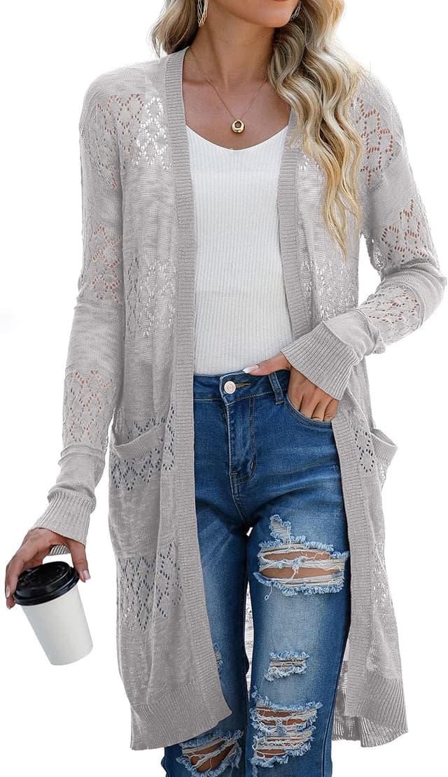 Detalle de GRECERELLE Damen Sommer-Strickjacke lang mit Lochmuster (offen, leichter Cardigan)
