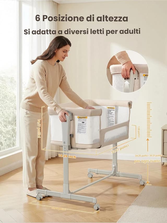 Detalle 2 de SANEWE Culla Next To Me 3-in-1 oscillante con ruote e 6 posizioni altezza