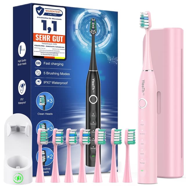 Detalle de Elektrische Schallzahnbürste für Erwachsene und Kinder mit 5 Putzmodi, Timer und 8 Bürstenköpfen