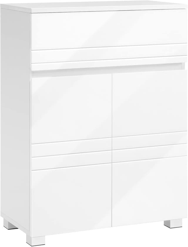 Detalle de VASAGLE Armadietto da bagno BBK140W01 con cassetto e doppia anta, ripiano regolabile, 60 x 30 x 80 cm (bianco)