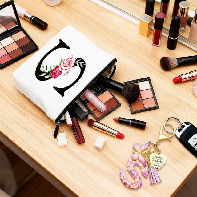 Detalle de TUZELIYA personalisierte Kosmetiktasche mit Buchstaben-Anhänger (S) – Geschenkidee für Frauen, Mütter & Brautjungfern