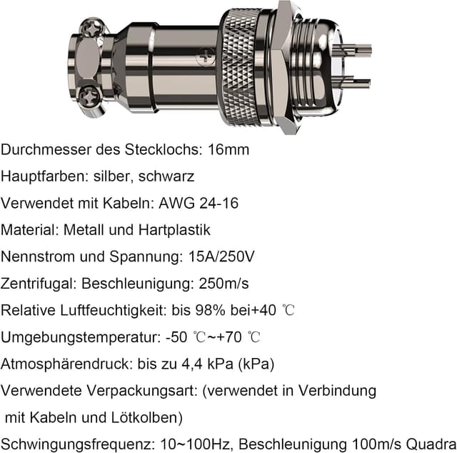 Detalle 2 de CLDIY GX16 2‑poliger Metallrundstecker 10 Stück 🔌