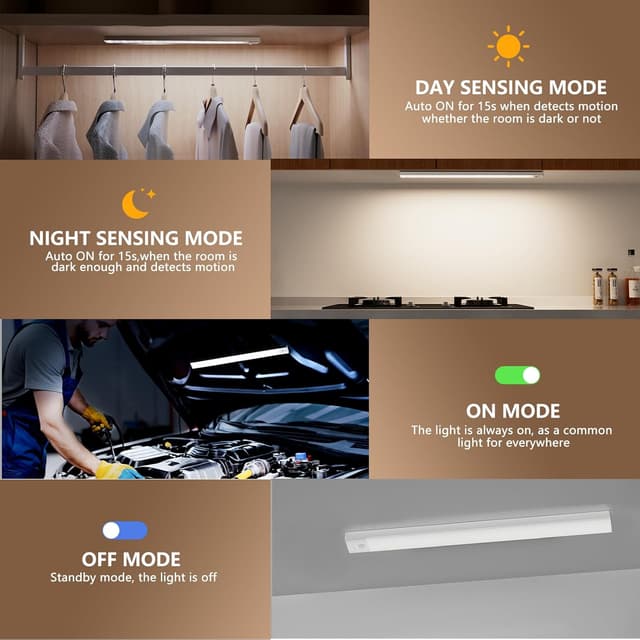 Detalle de Unterbauleuchte Küche LED Schrankbeleuchtung mit Bewegungsmelder, 2er-Set (43,5 cm) USB-kabellos, 3 Farbmodi, dimmbar