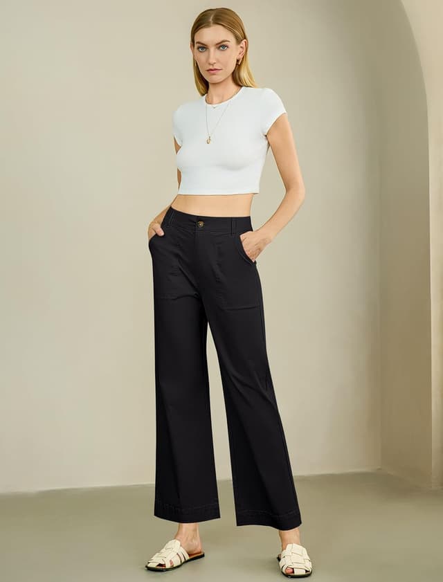 Detalle de Eddoyee Womens Wide Leg Ankle Pants — High-Waisted Elastic Waist Straight-Leg Cropped Stretch Pants