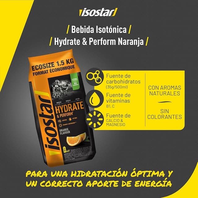 Detalle 2 de Isostar Hydrate & Perform 🥤 1.5 kg - Bebida isotónica naranja