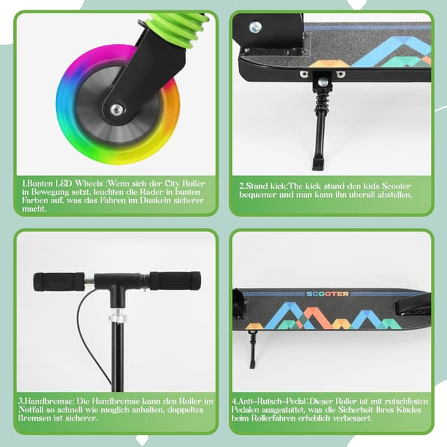 Detalle 2 de TENBOOM Roller für Kinder ab 3 Jahren mit 2 Rädern, klappbar, 3-fach höhenverstellbar und LED-Rädern