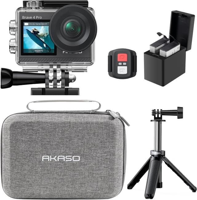 Detalle de AKASO Brave 4 Pro Action Cam 4K30fps, 20MP & 40 m Unterwasserkamera mit EIS, Touchscreen und Stativ-Selfie-Stick