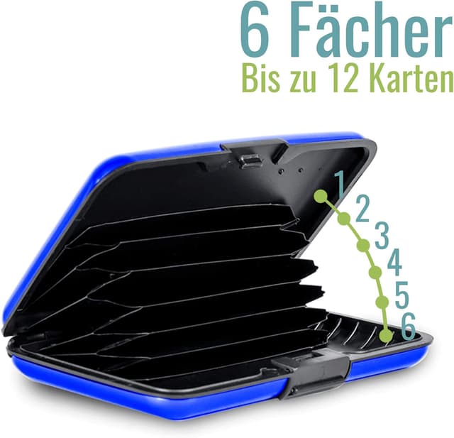 Detalle de VALLET Premium blocchi di alluminio per carte con RFID e NFC, 6 scomparti (fino a 10/12 carte) blu