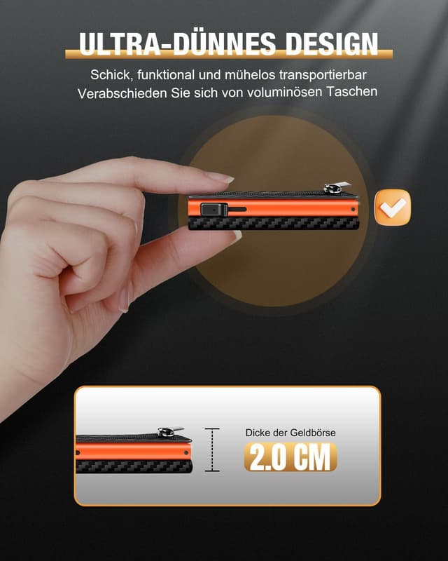 Detalle 2 de Slim Kartenetui für Herren mit Münzfach & ID-Fenster – Schwarz/Orange