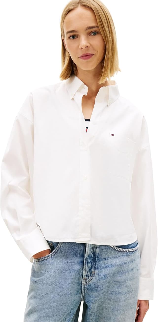 Detalle de Tommy Jeans Tjw Essential Crop Shirt DW0DW22766 camicia crop da donna a maniche lunghe