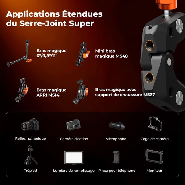 Detalle de K&F CONCEPT Twin-Pack Super Clamp avec pas de 1/4" – ouverture max. 60 mm