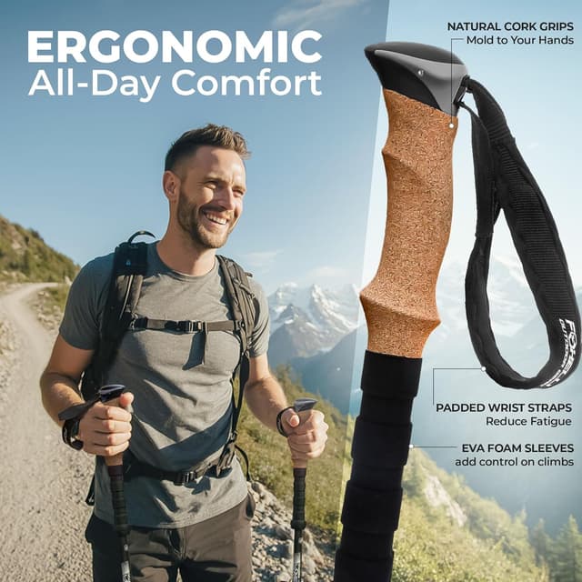 Detalle 1 de Foxelli Carbon Fiber Walking Poles – lightweight collapsible trekking poles with cork grips