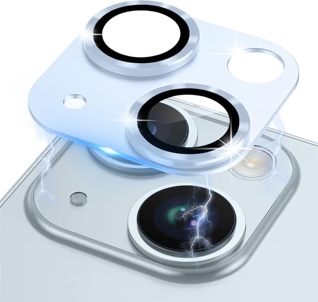 Detalle de LanQii Kameraschutzfolie für iPhone 15 / iPhone 15 Plus – 9H Glas & Aluminiumlegierung, Linsenschutz (Blau)