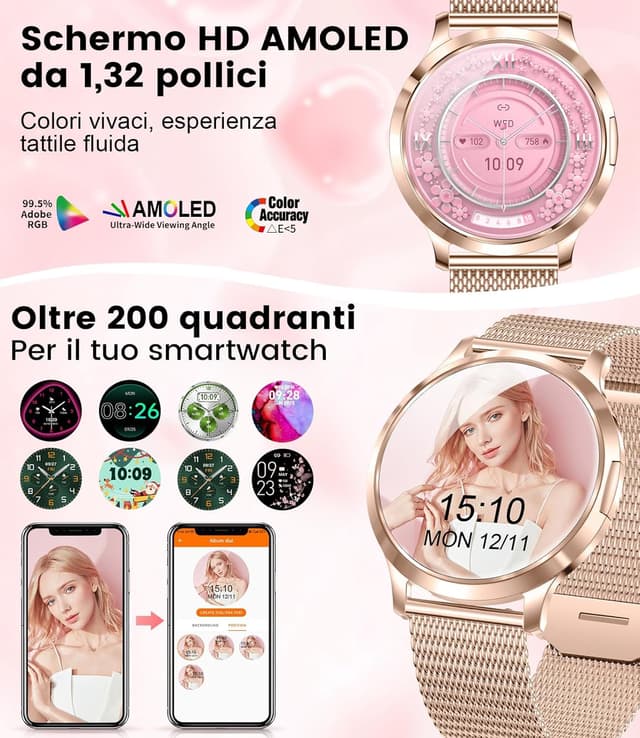 Detalle de HIRREO Smartwatch da donna sottile 7,9 mm con display 1,32” AMOLED, chiamate Bluetooth e monitoraggio salute