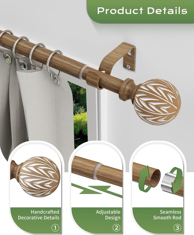 Thumbnail 1 de KVEEO Wood Curtain Rod Adjustable 18–45 Inch