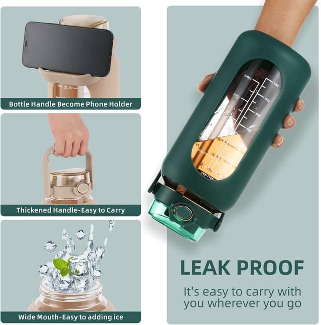 Detalle de Glass Water Bottle with Straw and Handle Lid (Half Gallon / 74oz) – Time Marker Motivational Reusable Jug