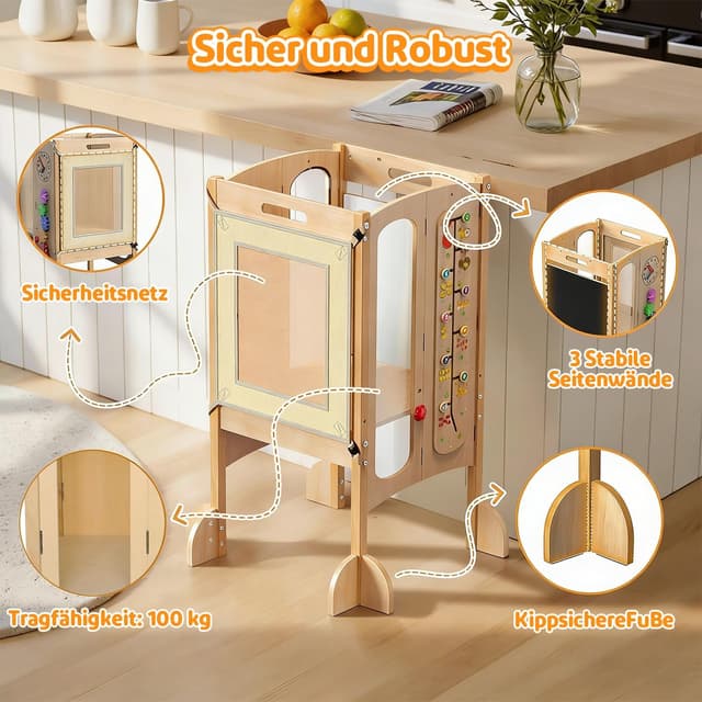 Detalle de SOFTHOM Lernturm klappbar mit 2 höhenverstellbaren Stufen (Montessori, ab 1 Jahr), Birke, mit Sicherheitsnetz