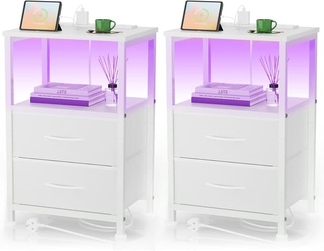Detalle de Yornoli Set of 2 Bedside Tables with Charging Station, Fabric Drawers and LED Lights (40cm wide)