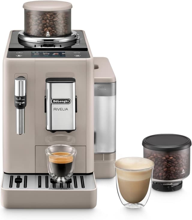Detalle de De’Longhi Rivelia – Perfetto Kaffeevollautomat mit Milchaufschäumer, 8 One-Touch-Getränken & wechselbaren Bohnenbehältern (beige)