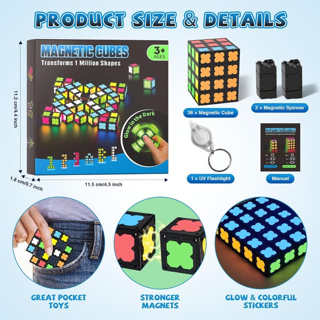 Thumbnail 6 de Magnetic Fidget Toy with 36 Glow-in-the-Dark Blocks (LED) – DIY Magnetic Spin Top Sensory STEM Toy