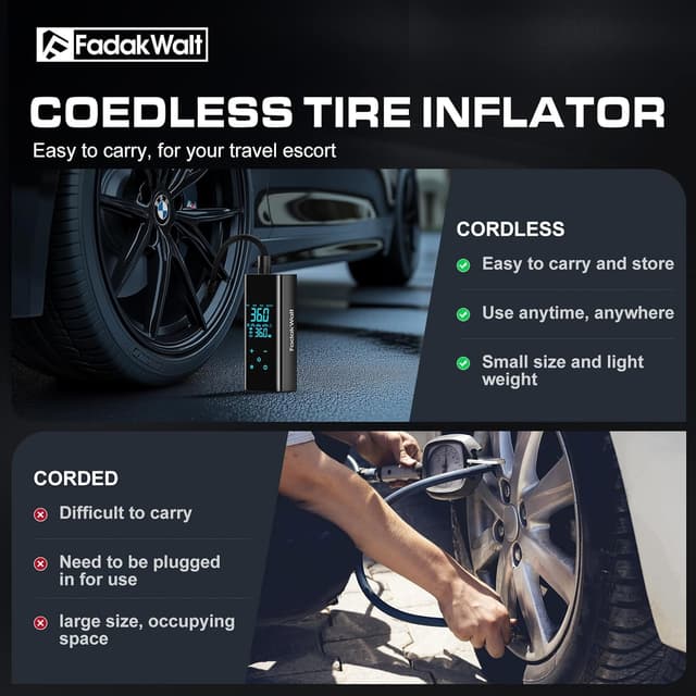 Detalle 2 de FADAKWALT Tire Inflator Portable Air Compressor (Cordless, 150 PSI, Digital Gauge, Touch Screen)