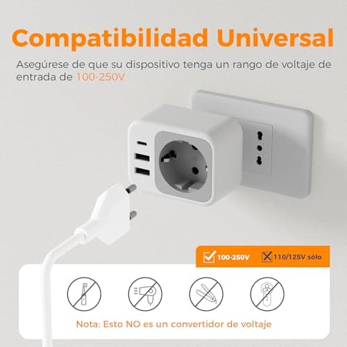 Detalle de TESSAN adaptador enchufe italiano a España con 3 USB tipo L (2500 W) en blanco