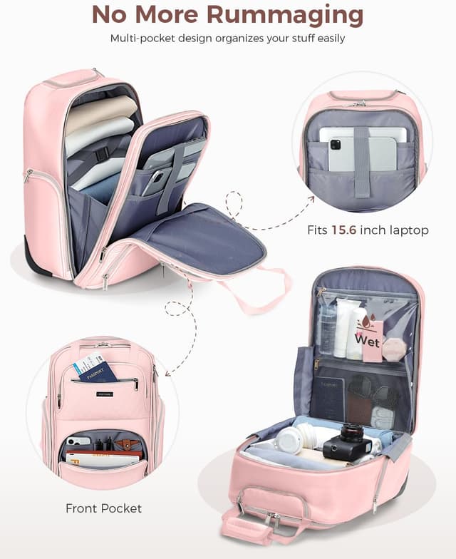 Detalle 2 de Ponhog sac à dos à roulettes pour femme avec compartiment ordinateur 15,6" et 30 L (rose)